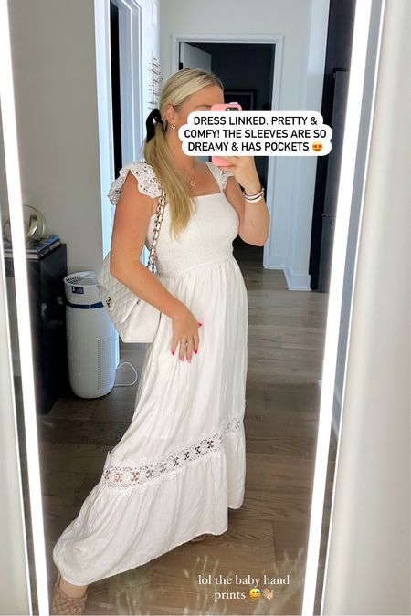 White eyelet cap sleeve maxi dress is so nice and flowy. Not see through, but recommend to wear nude undergarments. Can easily wear with a bra.  Top is smocked, has a nice stretch. Amazon dress

#LTKsalealert #LTKunder50 #LTKwedding