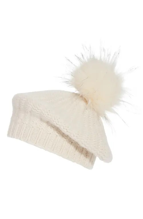 Nordstrom Signature Cashmere & Faux Fur Pom Beret in Ivory Soft at Nordstrom | Nordstrom