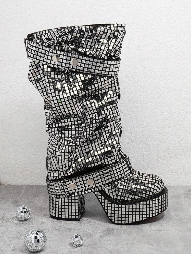 SHUZIA Women's Stylish Sleek Design Silver Glitter Chunky Platform Mid-Calf Boots Summer Shoes Spring Shoes Spring Break Easter | SHEIN