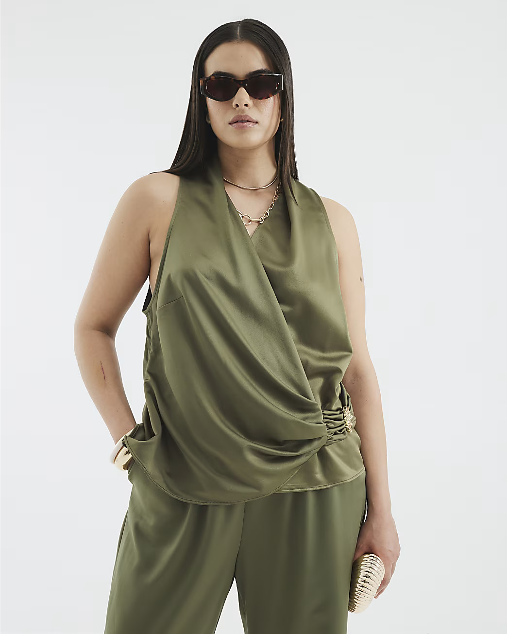 Khaki Sleeveless Wrap Top | River Island UK & IE