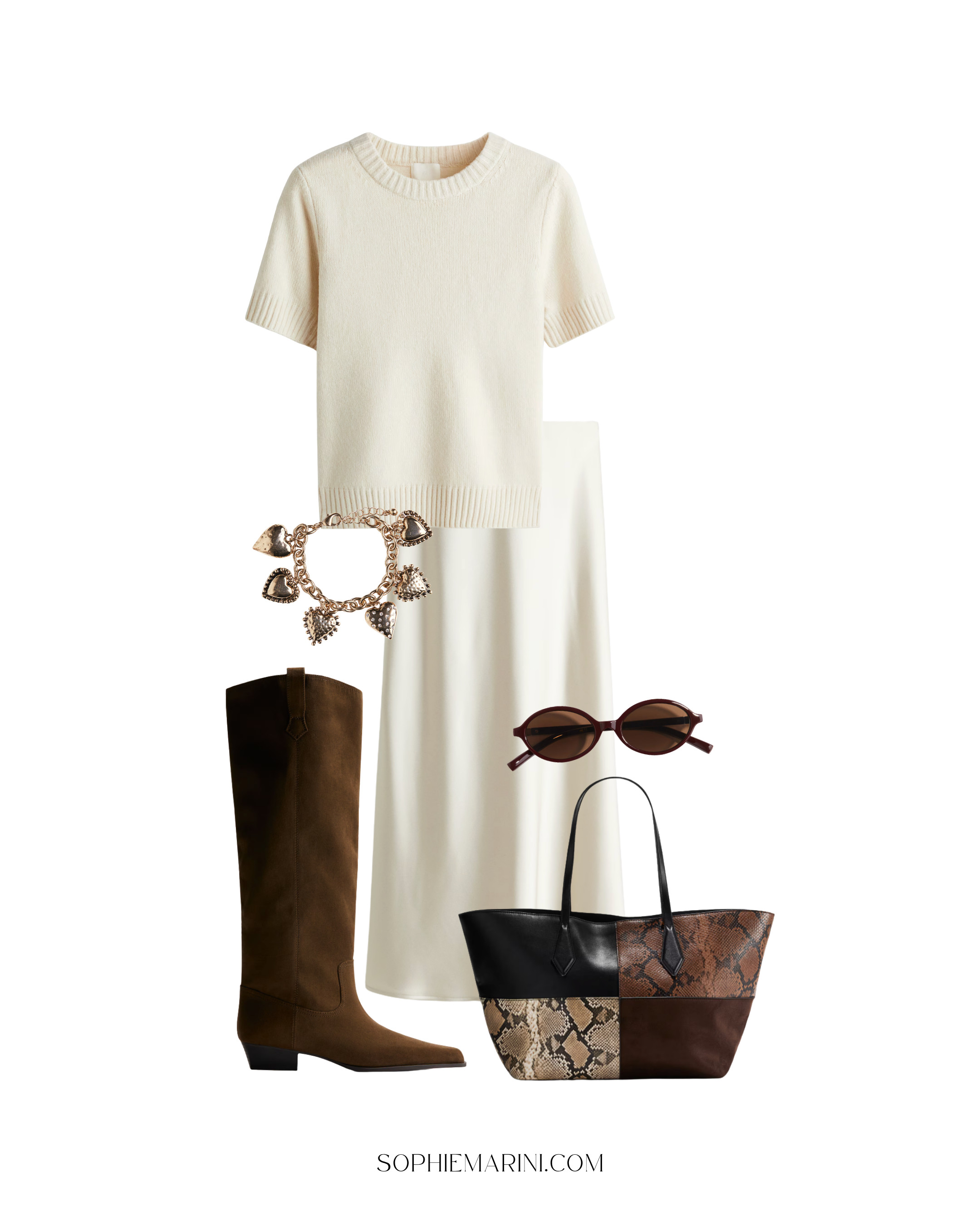 All H&M finds outfit 
[Light beige short sleeve sweater, midi skirt, brown knee high boots, bronze charm bracelet, oval sunglasses, snakeskin shopper bag] 
 

 #LTKSeasonal #LTKFindsUnder50 #LTKFindsUnder100