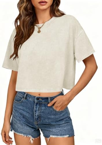 Womens Cropped Tops Acid Wash Short Sleeve T-Shirt Baggy Cotton Tee Vintage Round Neck Basic Tees... | Amazon (US)