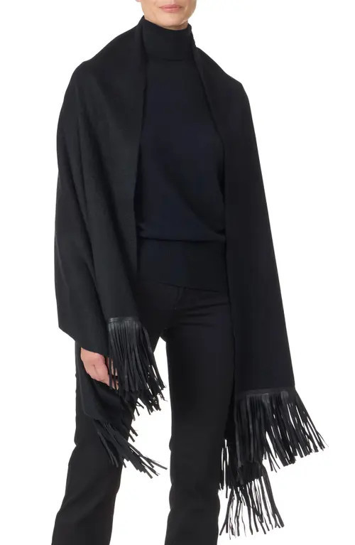 Sofia Cashmere Leather Fringe Cashmere Wrap in Black at Nordstrom | Nordstrom