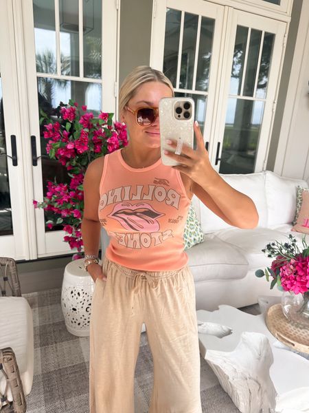 Wearing size small in Rolling Stones tank top and small in pants - I loveeee these pants so much - I have in every color!!! 

Under $40 sunglasses ☀️

#LTKTravel #LTKFindsUnder50