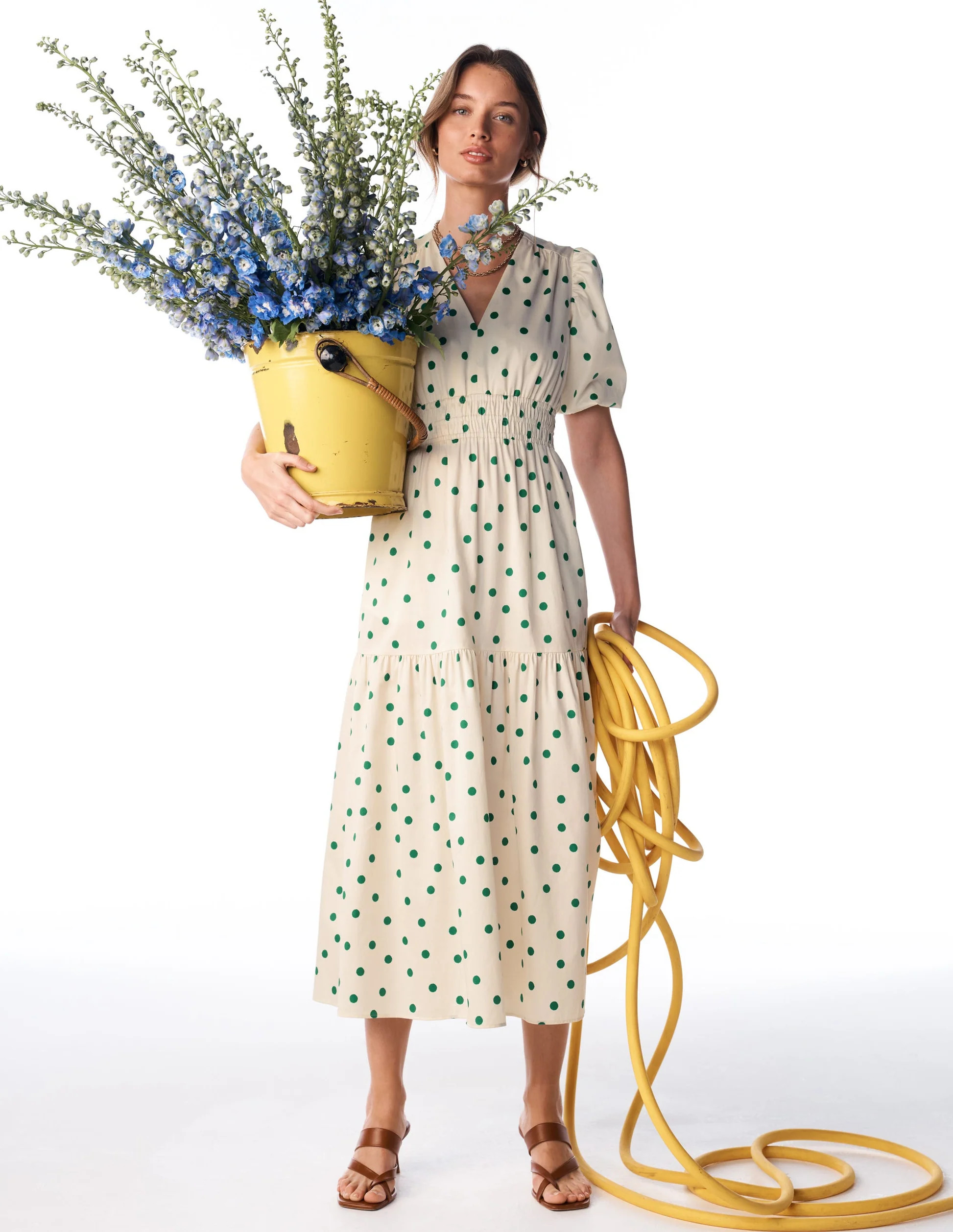 Irene Puff Sleeve Cotton Dress-Ivory Green Spot | Boden (US)