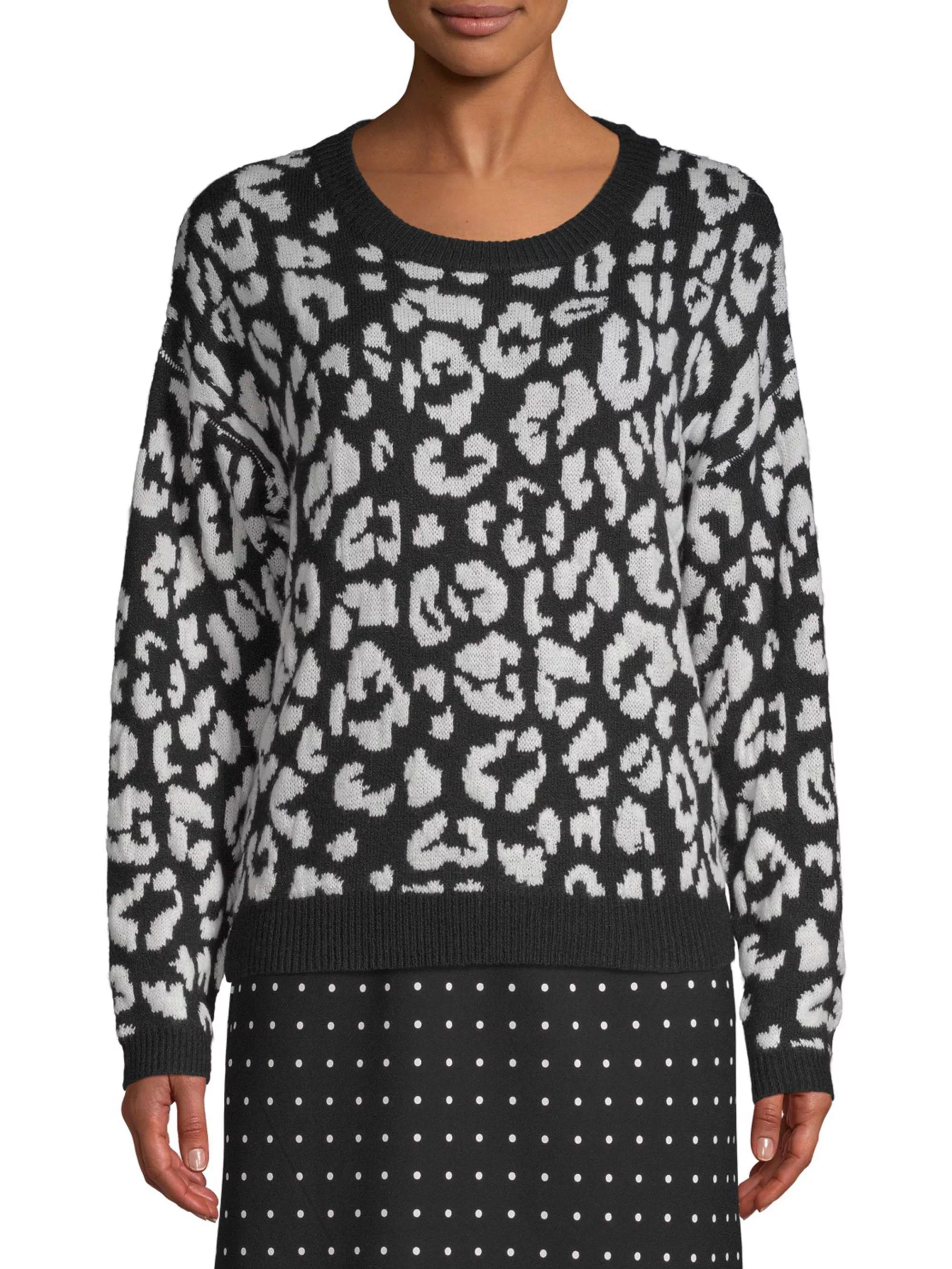 Scoop Leopard Intarsia Crewneck Sweater Women's | Walmart (US)