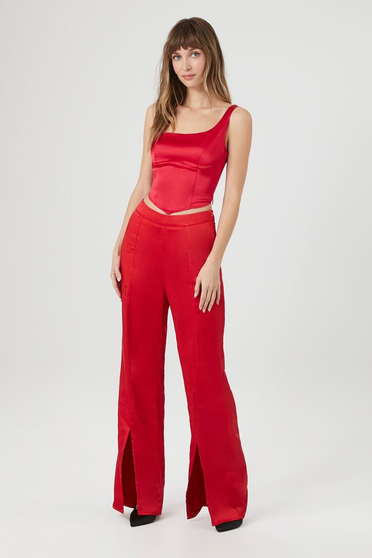 Women's Satin Mid-Rise Split-Hem Pants in Red, XS | Forever 21