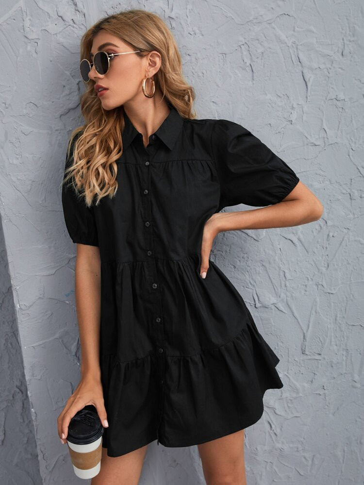 Puff Sleeve Button Front Ruffle Hem Dress | SHEIN