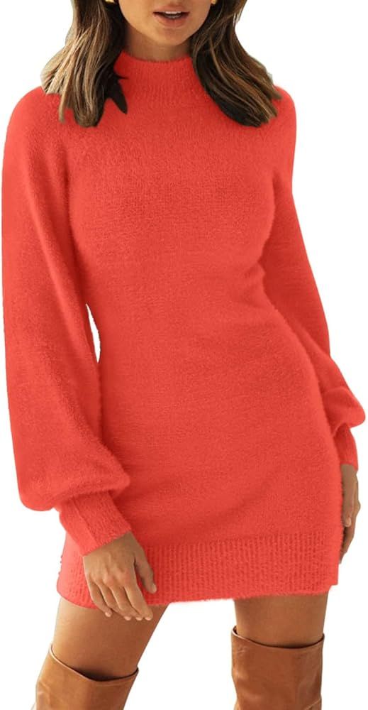 ZESICA Women's 2024 Casual Turtleneck Long Puff Sleeve Soft Fuzzy Knit Bodycon Pullover Mini Swea... | Amazon (US)