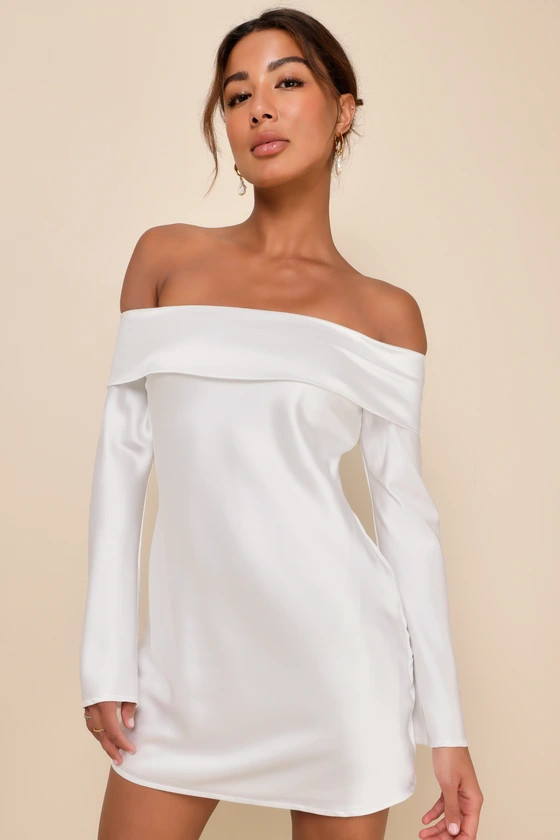 Luxurious Vision White Satin Off-the-Shoulder Mini Dress | Lulus