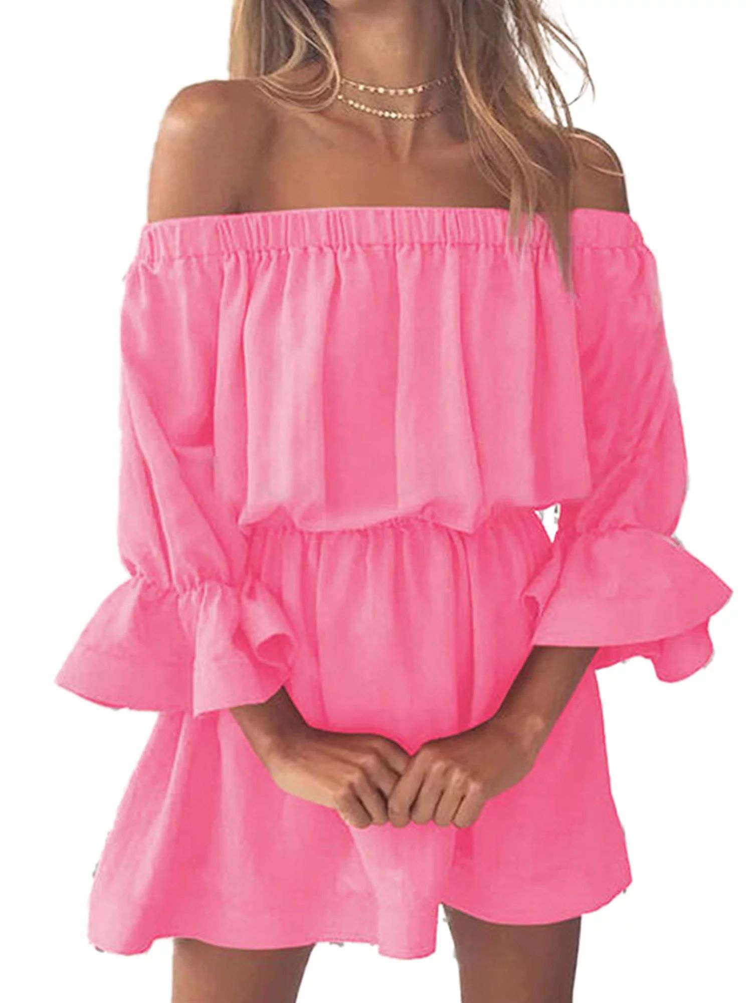 Womens Holiday Off Shoulder Bardot Mini Dress Summer Beach Frill Ruffle Sundress | Walmart (US)