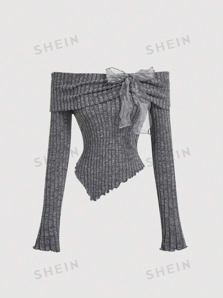 SHEIN MOD Women's Off-Shoulder Bowknot Long Sleeve T-Shirt Top, White Knitted Shirt, Back-To-Scho... | SHEIN