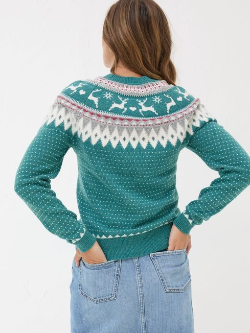 Reindeer Yoke Teal Blue Jumper | Fat Face