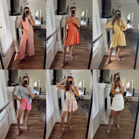 Summer outfits with free people vibes☀️🩵🌼
Jumpsuit, small, orange dress, yellow dress, floral dress are size small. Grey tee is small. Boxer shorts, medium, crochet dress medium

#LTKStyleTip #LTKSeasonal #LTKFindsUnder50