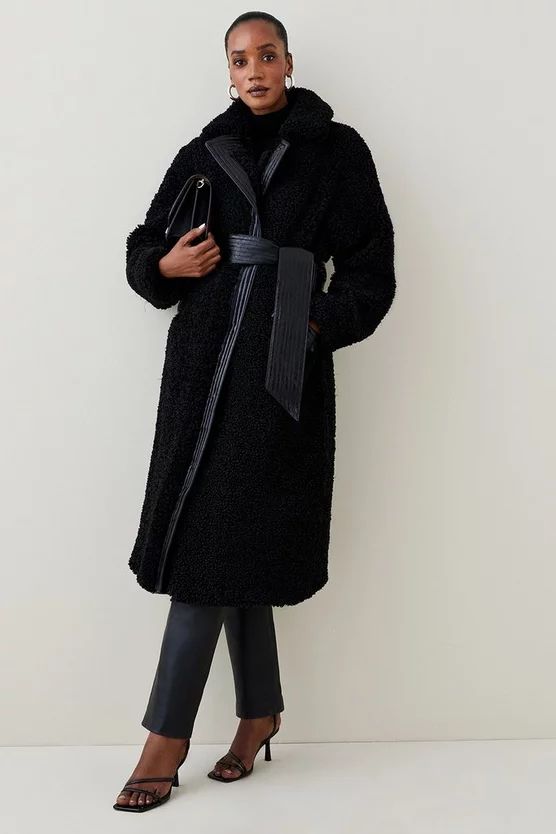 Teddy Longline PU Belted Coat | Karen Millen UK + IE + DE + NL