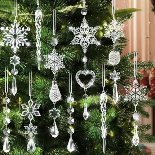 Crystal Ornaments Christmas Tree Decorations - 21pcs Christmas Tree Ornaments Sparkling Dazzling Festival Party Decoration Crystal Snowflake Design Hanging Ornament Holiday Season Home Decor | Amazon (US)