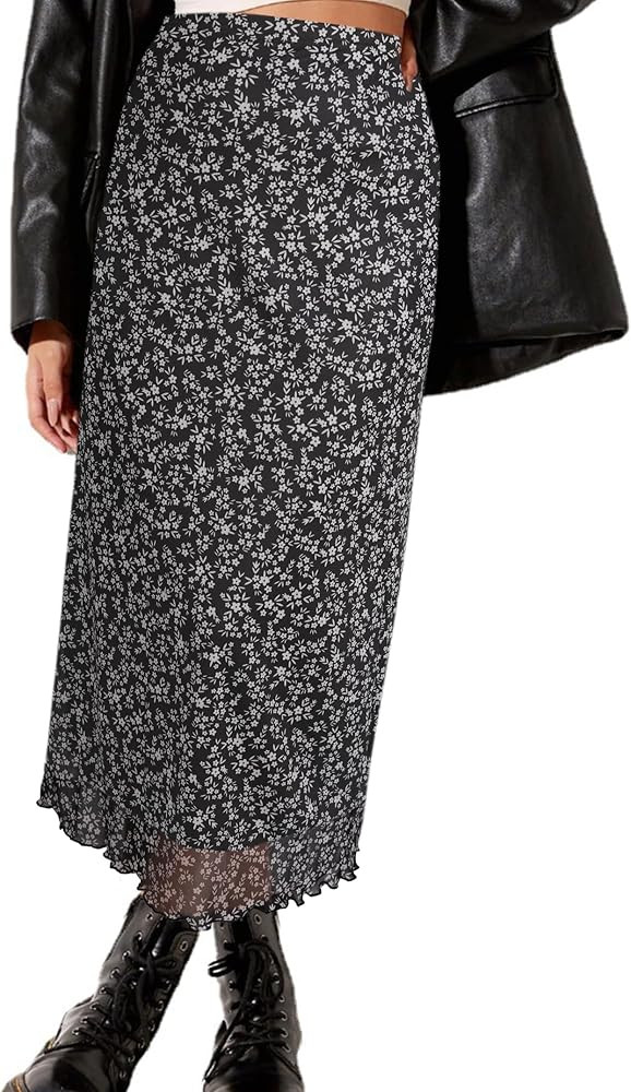 Avanova Women Ditsy Floral Bohemian Mesh Midi Skirt Elastic High Waisted Flowy Summer Long Skirt | Amazon (US)