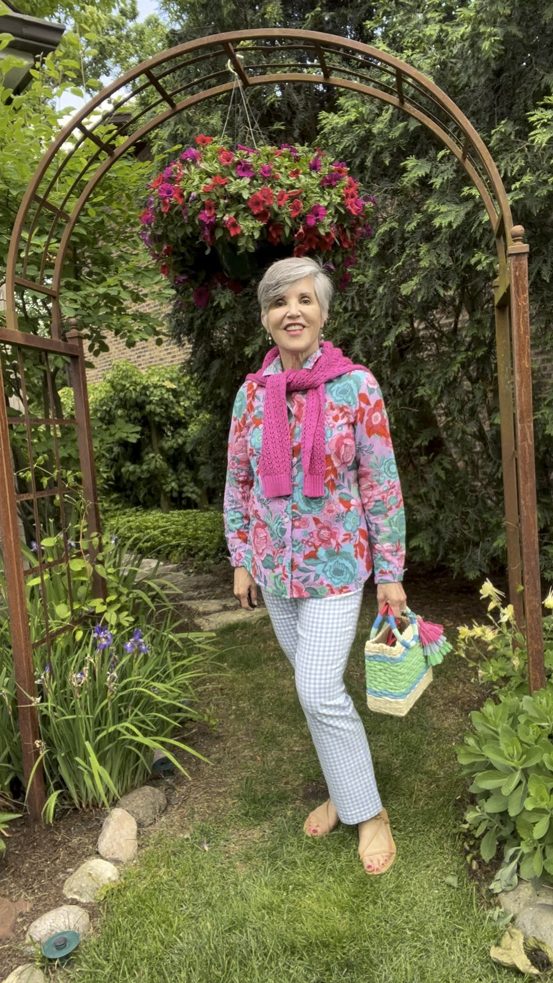 #summercasualoutfit
#ginghampant
#patternmixing
#ltkstyletip
For a cool summer day, wear these darling J McLaughlin blue gingham pants(6) with a Talbots lilac sweater (S) and a print shirt (last year’s, but similar ones below. Most.fun.bag.ever by Talbots that is 40% off today. YOU NEED THIS PURSE!!!

#LTKSeasonal #LTKsalealert #LTKitbag