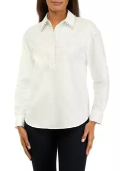 Crown & Ivy™ Women's Pearl Trim Popover Woven Top | Belk