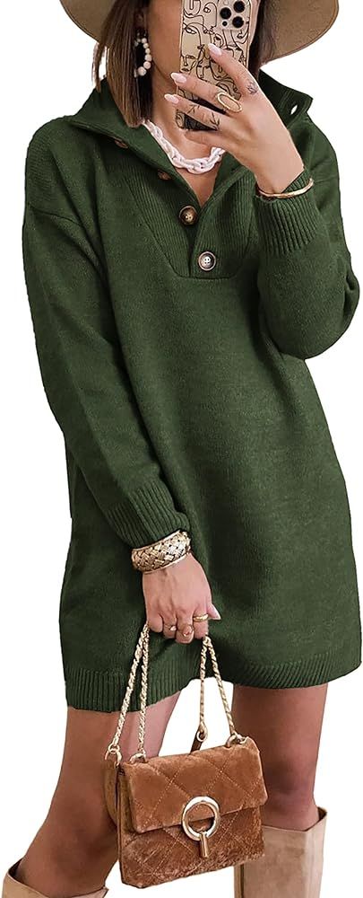 KIRUNDO 2022 Fall Winter Women's Long Sleeve Turtleneck Sweater Dress Button Down Solid Lapel Kni... | Amazon (US)