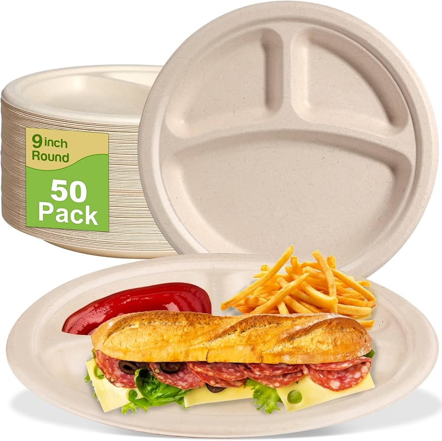 9 inch 3 Compartment Paper Plates - 50 Pack, Heavy Duty, Divided, Compostable | Amazon (US)