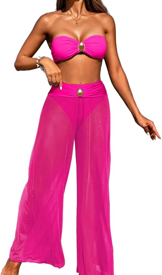 EHSUYAB Women 3 Piece Sexy Swimsuit, Bandeau Strapless Bikini Set, Color Block High Waisted Bathi... | Amazon (US)