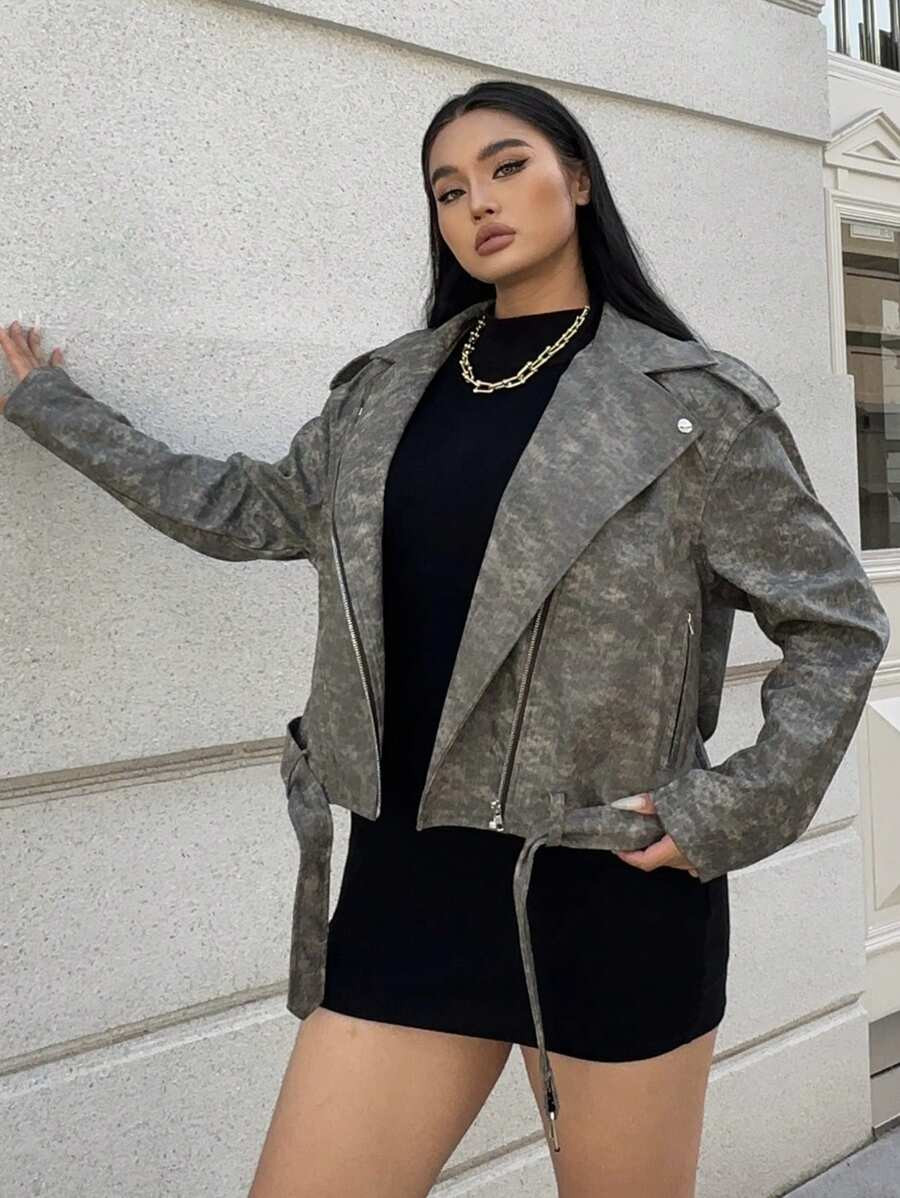 Calvaya Plus Size Women Denim Effect Washed PU Leather Zippered Front Pockets Cool Street Style J... | SHEIN