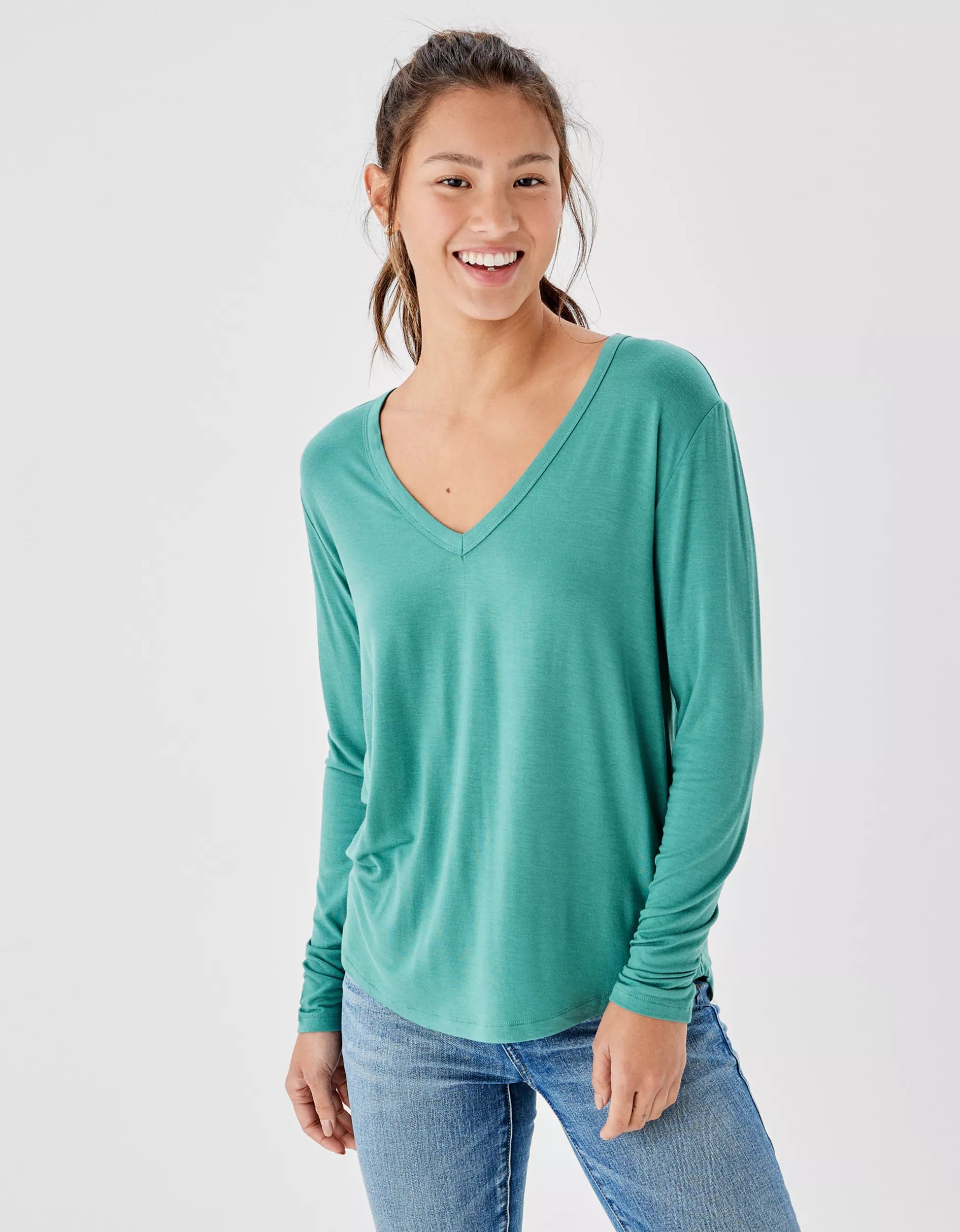 AE Oversized Soft & Sexy Long-Sleeve V-Neck T-Shirt | American Eagle Outfitters (US & CA)