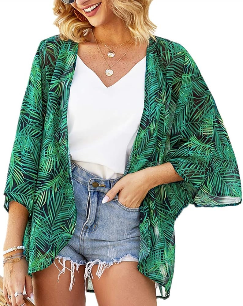 Women's Floral Print Puff Sleeve Kimono Cardigan Loose Cover Up Casual Blouse Tops | Amazon (US)