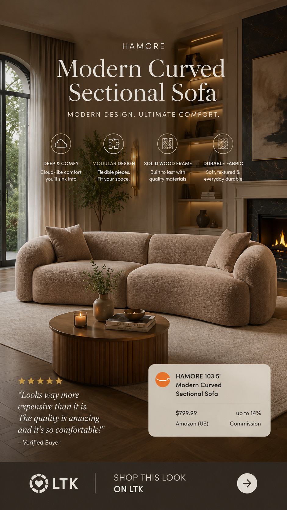 This sofa looks SO expensive 🤎
The curved shape + textured fabric instantly give that luxury Pinterest home aesthetic.

Modern, cozy, oversized, and honestly the perfect statement piece for a living room.

I can’t believe this is from Amazon ✨

#ltkhome #amazonhome #interiordesign #cozyhome #homedecor 

 #LTKHome