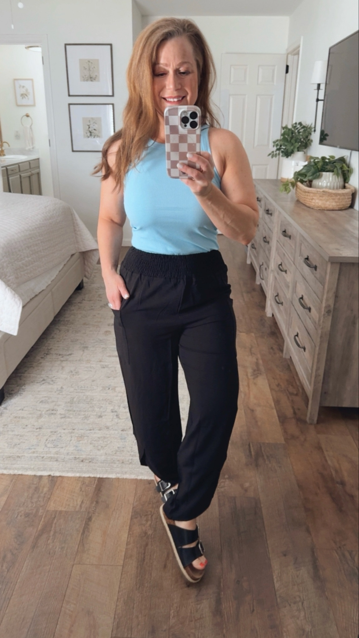 Spring + summer outfit inspo

•Sleeveless, Racerback tank
•Pants - wide leg palazzo pants,  loose fit and smocked elastic waistband
•Sandals 

I wear a small in top and pants 
Shoes TTS

#LTKMidsize #LTKootd #LTKPetite