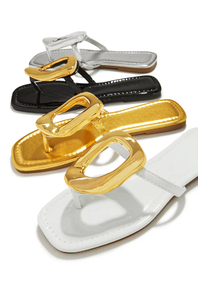 Miss Lola | Adelia Silver Slip On Thong Strap Sandals | MISS LOLA