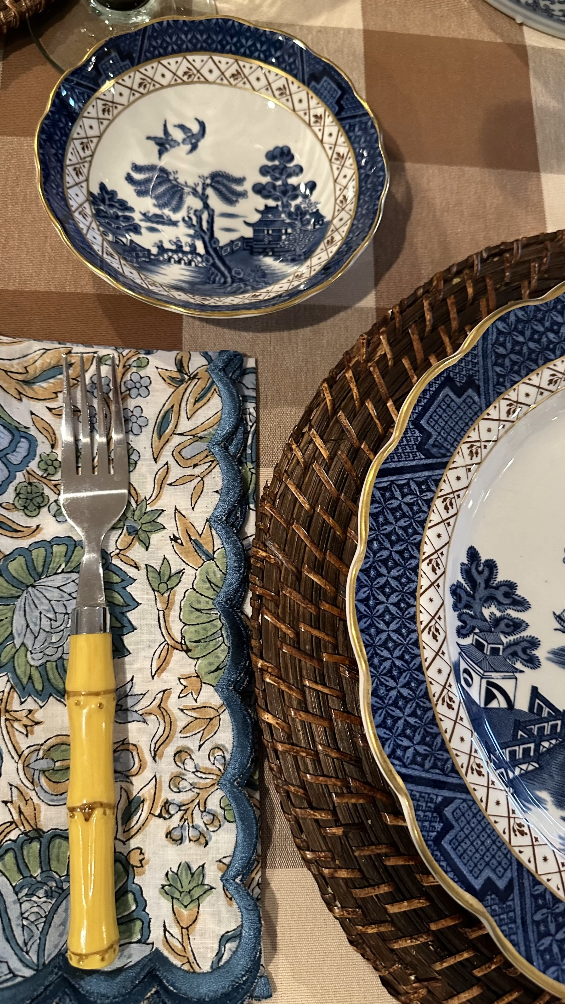 Loving this  pretty table!!  The Block print napkins have a beautiful cornflower blue scallop edging. They are delightful! The napkins, chargers and bamboo flatware are all from Amazon. The beautiful blue and white plates are from Replacements.  Block print linens. Blue and white table. Southern style table  

#LTKstyletip #LTKhome #LTKVideo