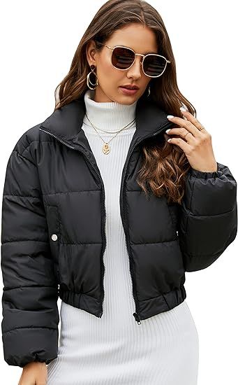 Flygo Women's Cropped Puffer Jacket Zip Up Stand Collar Padded Winter Down Coat | Amazon (US)