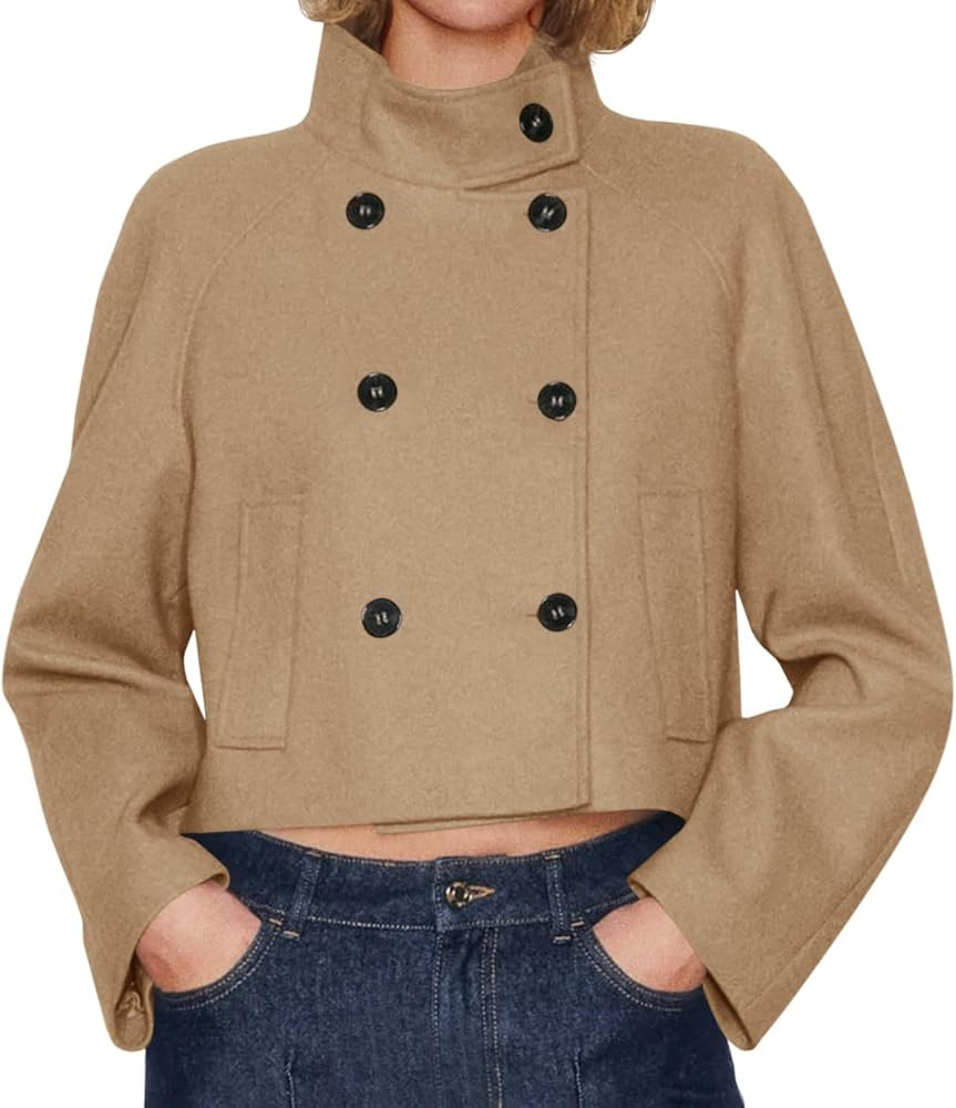 Cicy Bell Womens Cropped Pea Coat Casual Double Breasted Stand Collar Long Sleeve Fall Short Jack... | Amazon (US)