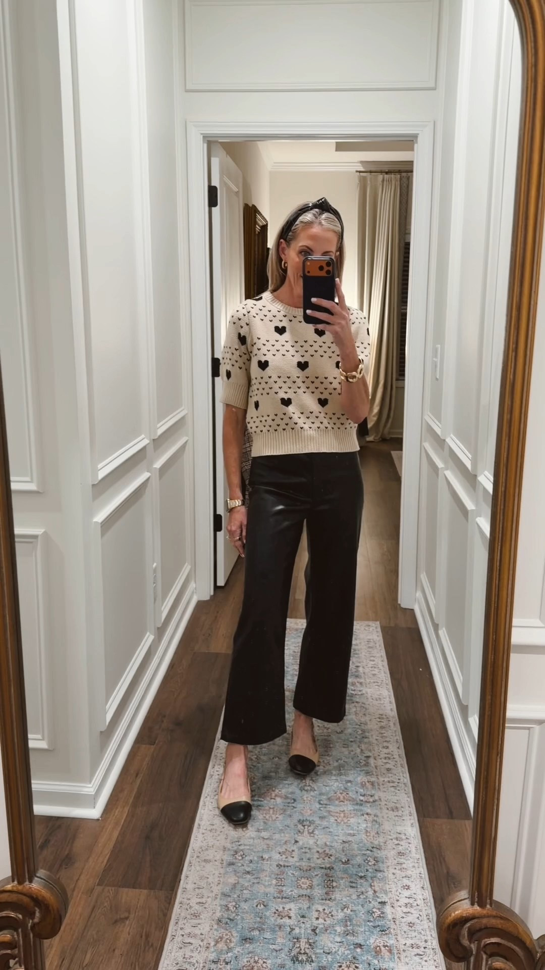 Elevate your Valentine’s Day outfit with his elbow sleeve Valentine’s heart crew neck pullover sweater from universal threads. It is neutral with cute heart prints for a very sweet look. Wearing a size small. 

Old navy faux leather pants size 2  

#LTKgrwm #LTKootd #LTKdayinmylife