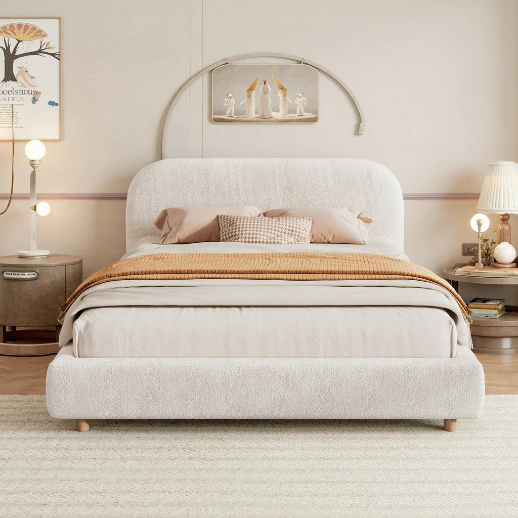 Queen Size Curve-Shaped Headboard Boucle Fabric Upholstered Bed Frame, With Metal Frame No Spring... | Wayfair North America