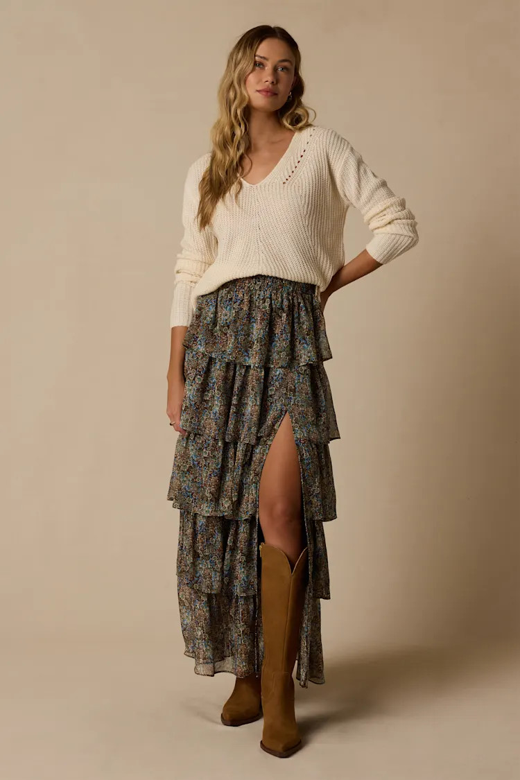 Hanna Brown Multi Floral Tiered Maxi Skirt | Lulus