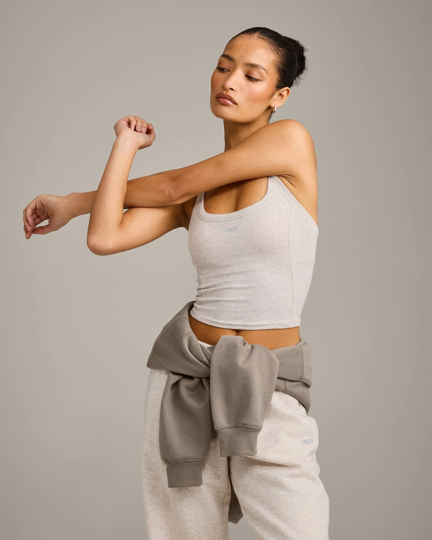 Mellow™ Rib Racer Back Mid Vest with Built in Bra Shelf 
 Oat Marl | Oner Active (UK / US)