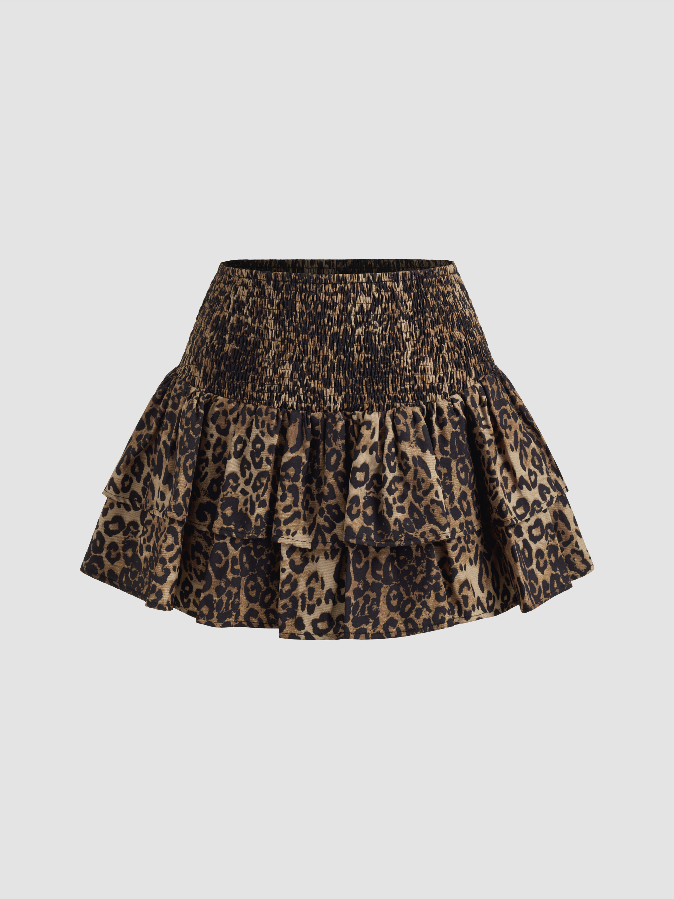 City Chic Woven Mid Rise Leopard Shirred Layered Mini Skirt For Music Festival/Live House | Cider
