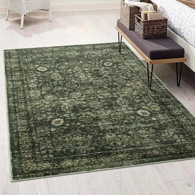 Morebes Washable Green 5x7 Area Rugs, Vintage Soft Bedroom Rug Non Slip, Non-Shedding Distressed ... | Amazon (US)