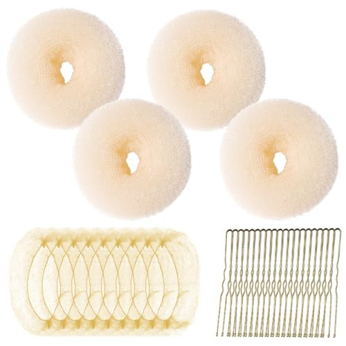 Teenitor Hair Bun Maker Kit, 4pcs Medium Size Donut Bun Maker, 10pcs 50cm Invisible Hair Nets, 10pcs 6cm Hair Bobby Pins, Hair Bun Shaper Set, Beige | Amazon (US)