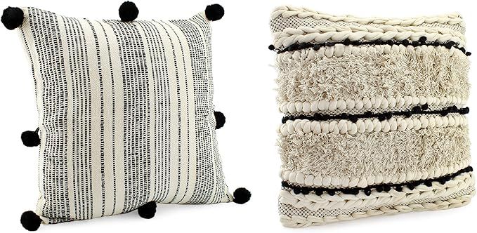 AuldHome Boho Farmhouse Throw Pillow Covers, 16 x 16 Black and Off White | Amazon (US)