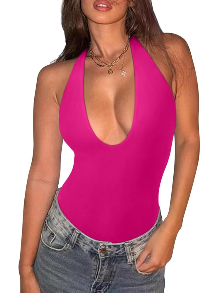 REORIA Bodysuits for Women Halter Tops 2025 Summer V Neck Backless Body Suits Tank Top Trendy Fas... | Amazon (US)