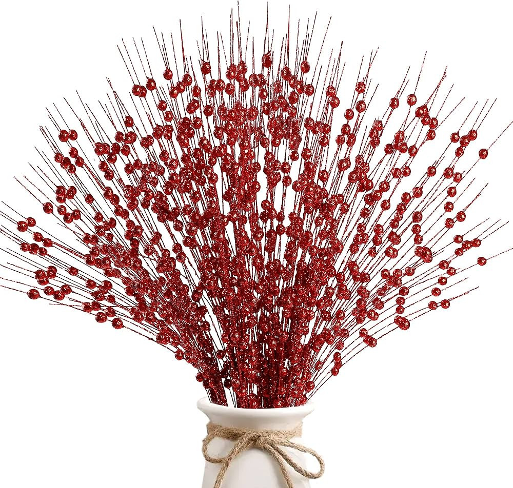 Sggvecsy 15 Pack Artificial Glitter Berry Stem Ornaments 17 Inches Fake Christmas Picks Decorativ... | Amazon (US)