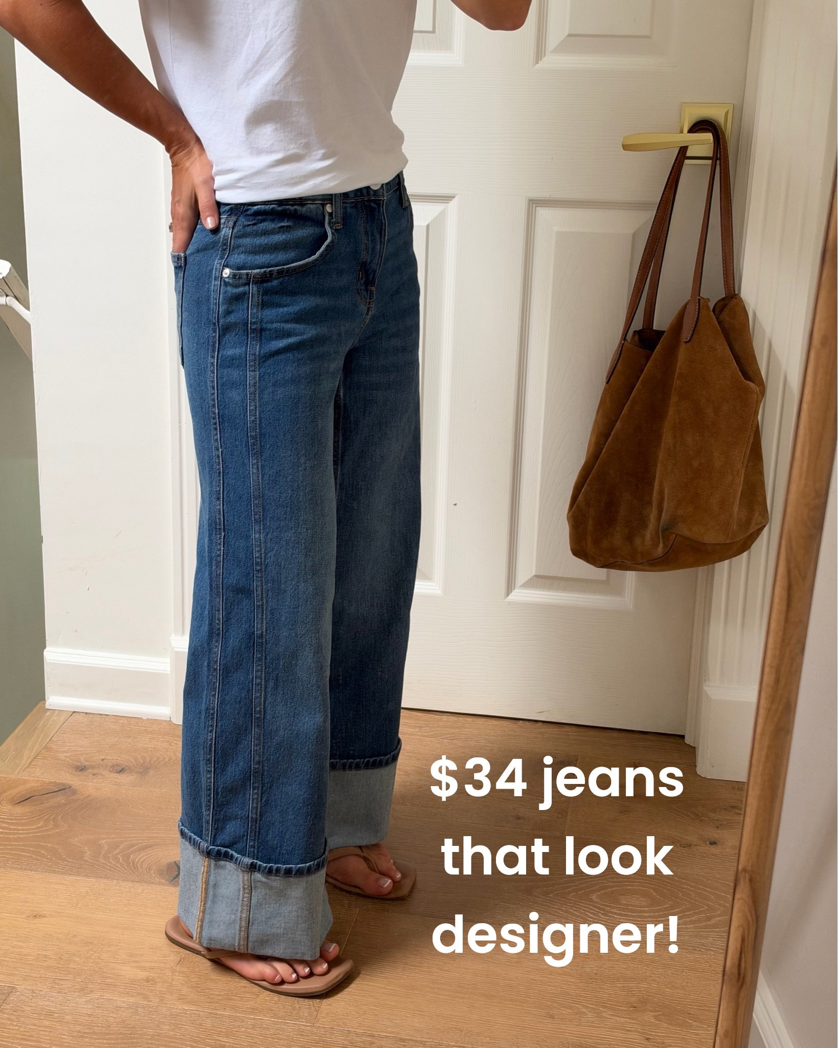 Cuff cropped jeans size 0 
Organic cotton T-shirt size S
Square toe flip flops
Brown suede fall tote bag 
Electric picks guardian necklace