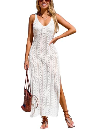 CUPSHE Women's Swimsuit Cover Up Sleeveless Crochet Bathing Suit Coverup Split Maxi Summer Beach Dress White, S | Amazon (US)