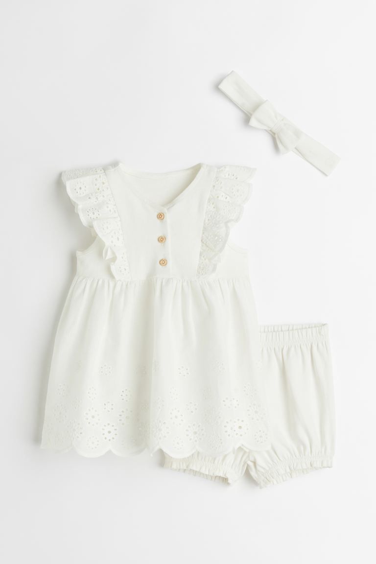 Set with a dress, puff pants, and hairband in soft cotton jersey. Dress with V-neck, buttons at f... | H&M (US)