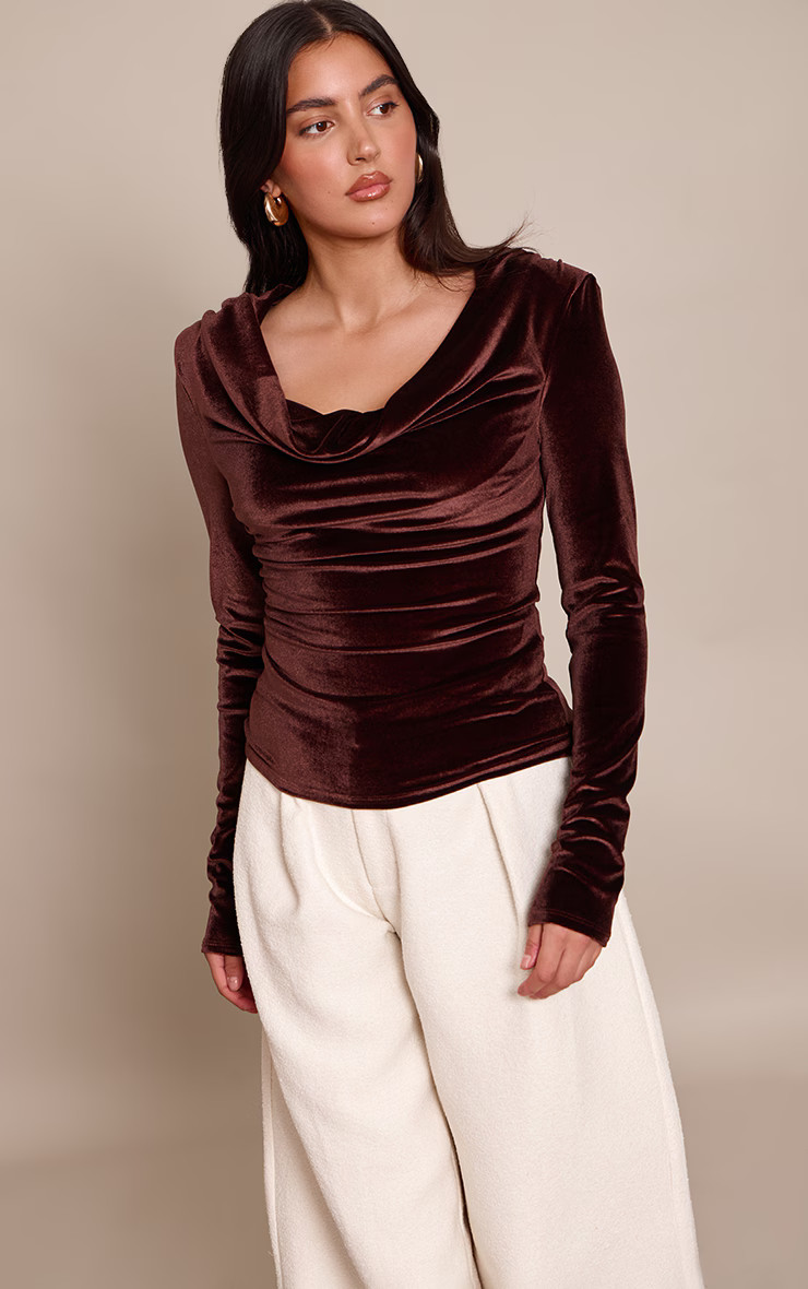 Brown Velvet Cowl Neck Long Sleeve Top | PrettyLittleThing UK