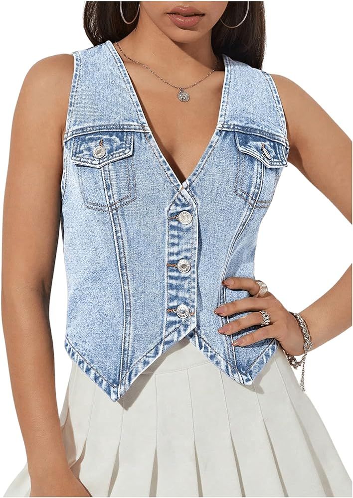 GORGLITTER Women's Denim Vest Flap Pocket Sleeveless Crop Tank Top Button Front Y2K Vest Denim To... | Amazon (US)